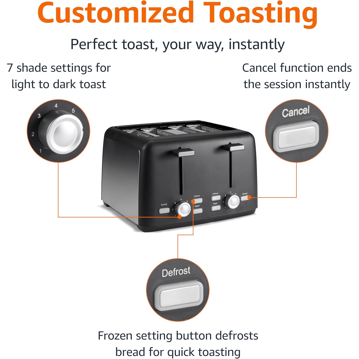 Amazon Basics 4 Slice Toaster, 7 Browning Settings, Extra Wide Slots for Bagels and Specialty Breads, Removable Crumb Tray, Cancel/Defrost/Bagel Buttons, 1500W, Black & Silver