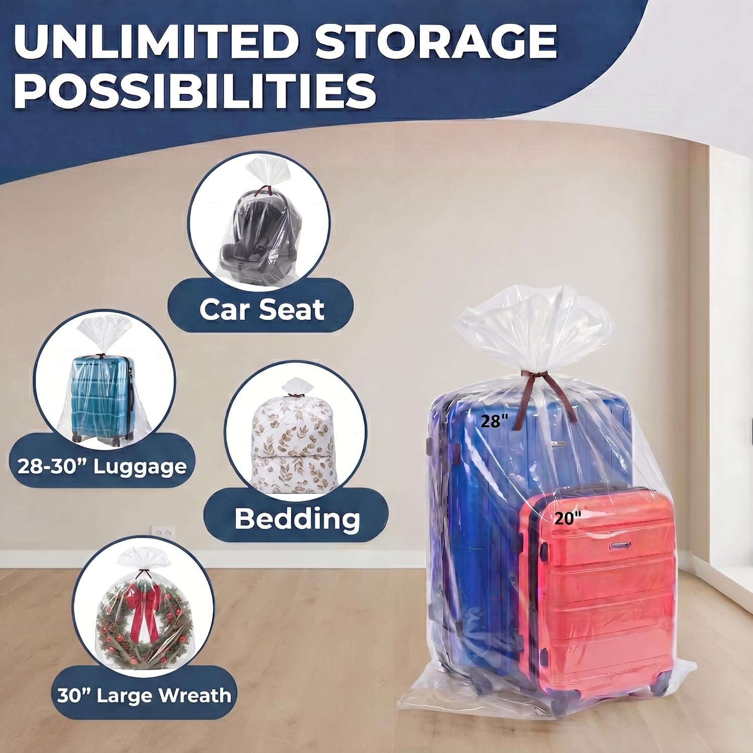 Wowfit 5 Ct 40X60 Inches Extra Large Clear Plastic Bags Perfect For Car Seat, Luggage, Suitcase, Stroller, Chair, Kids Bike And Attic Storage (2 Mil Flat Bags)