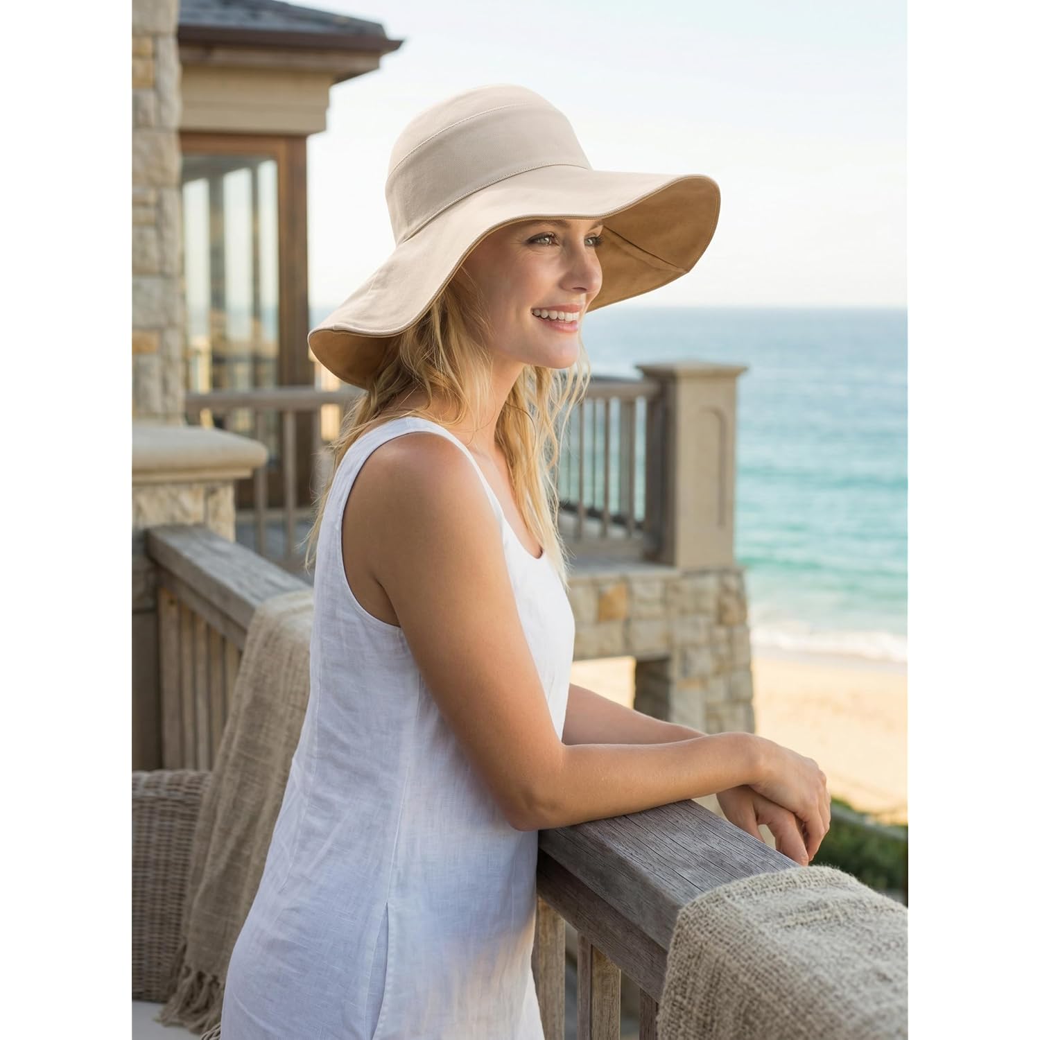 Womens Foldable Shapeable Brim Sun Hat UPF 50+ Cotton Wide Brim Beach Adjustable Chin Strap Hat Sun Protection Cap Beige
