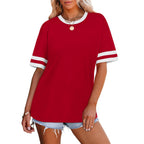 Womens T Shirts Loose Fit Short Sleeve Tees Crew Neck Color Block Summer Tops 2026 Fashion