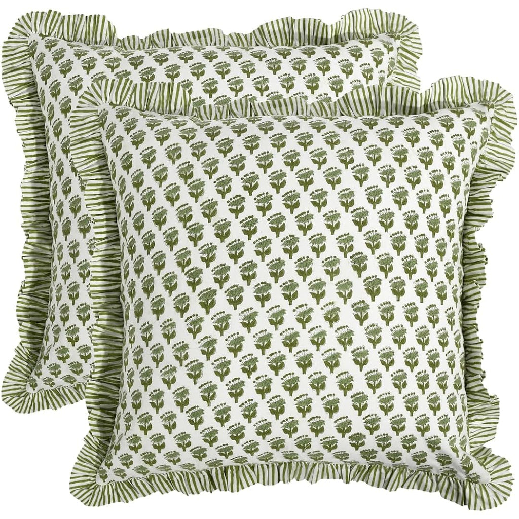 Cpc Block Print Ruffle Throw Cover Emerald Green 18"X18" Inch Pack Of 2-100% Cotton Ruffle Couch Decorative Boho Pillows Case For Living Room, Bedroom, Sofa, Farmhouse Gift For Spring, Mother'S Day