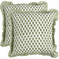 Cpc Block Print Ruffle Throw Cover Emerald Green 18"X18" Inch Pack Of 2-100% Cotton Ruffle Couch Decorative Boho Pillows Case For Living Room, Bedroom, Sofa, Farmhouse Gift For Spring, Mother'S Day