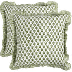Cpc Block Print Ruffle Throw Cover Emerald Green 18"X18" Inch Pack Of 2-100% Cotton Ruffle Couch Decorative Boho Pillows Case For Living Room, Bedroom, Sofa, Farmhouse Gift For Spring, Mother'S Day