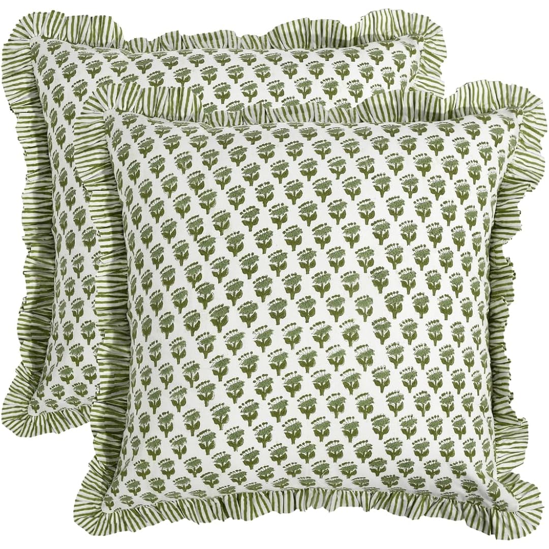 Cpc Block Print Ruffle Throw Cover Emerald Green 18"X18" Inch Pack Of 2-100% Cotton Ruffle Couch Decorative Boho Pillows Case For Living Room, Bedroom, Sofa, Farmhouse Gift For Spring, Mother'S Day