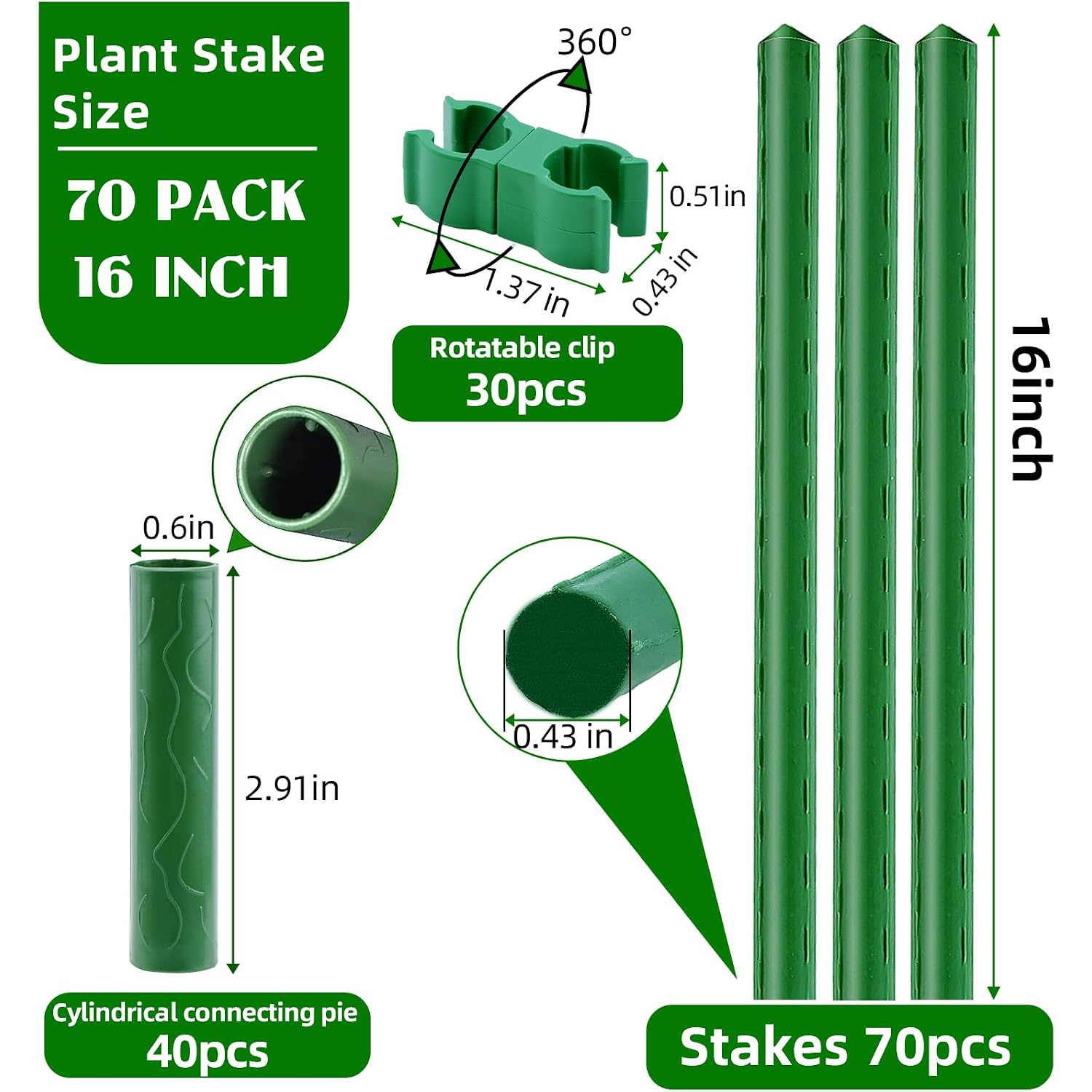 Fabulas Garden Stakes 16 Inch 70 Pack, Diy 4Ft 5Ft 6Ft 7Ft 8Ft Tomato Stakes Plastic Coated Metal Plant Sticks Stakes Supports With 40 Connectors 30 Rotatable Clips For Indoor Outdoor Plants Vegetable