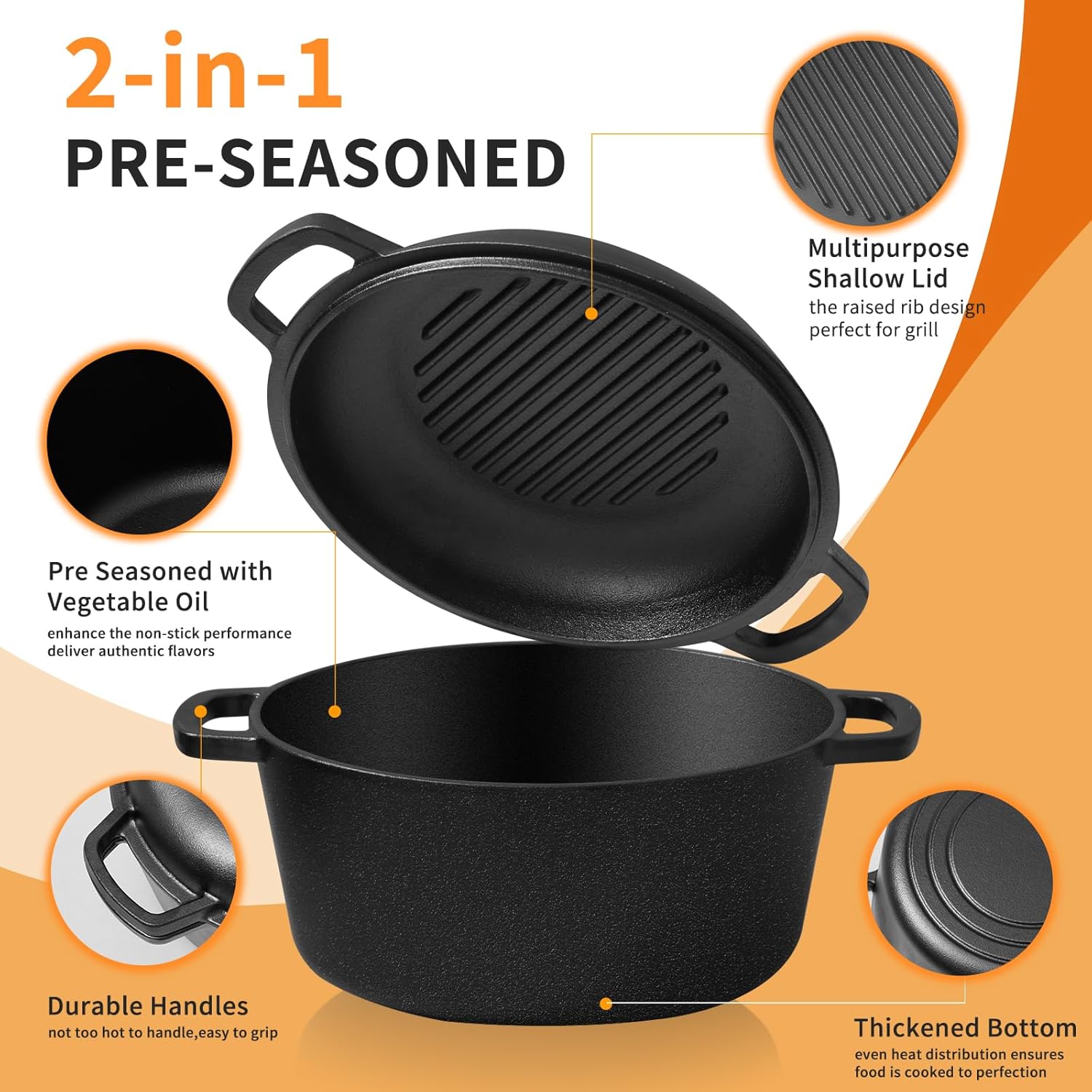Pre-Seasoned Cast Iron Dutch Oven for Bread Baking - incl. Sourdough Bread-Baking Supplies like Proofing Basket, 2-in-1 Dutch Oven Pot with Skillet Lid and Dual Handles, Sour Dough Tools, Lame, 5QT