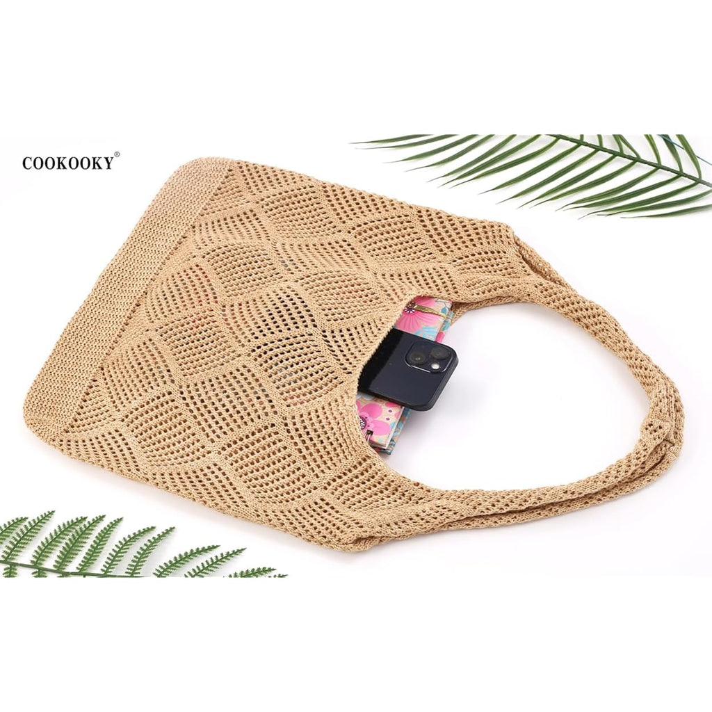 COOKOOKY Crochet Beach Tote bag Summer Beach Bag for Women Aesthetic Mesh Tote Bag Hippie Bag Knit Bag