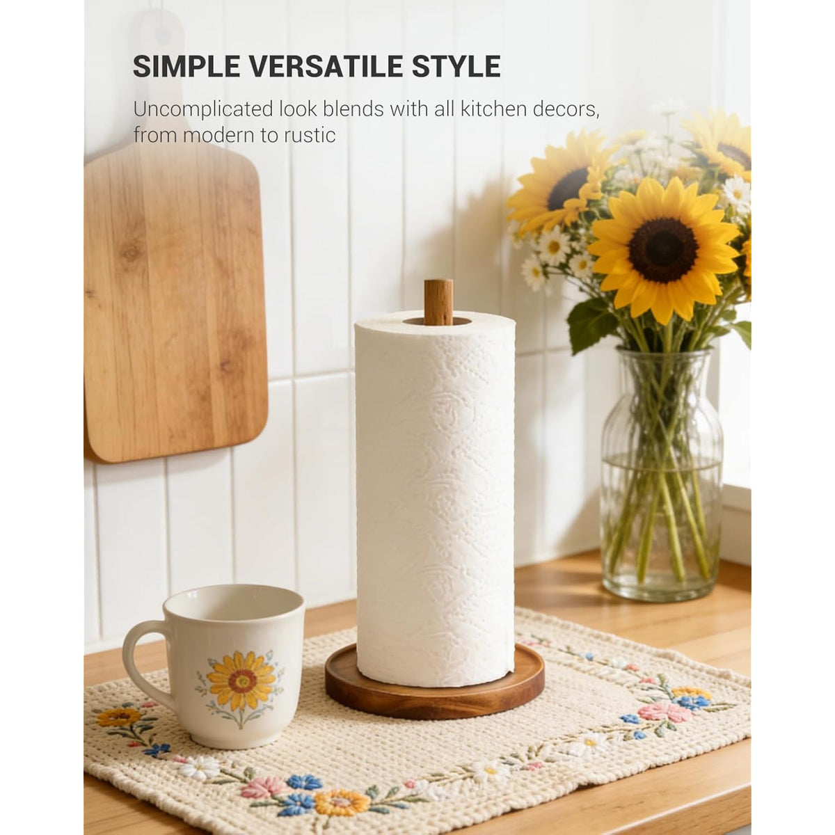 Paper Towel Holder Countertop, Wooden Standing Paper Towel Roll Stand For Rustic Farmhouse & Cottagecore Decor, Kitchen Bathroom Essential, Brown