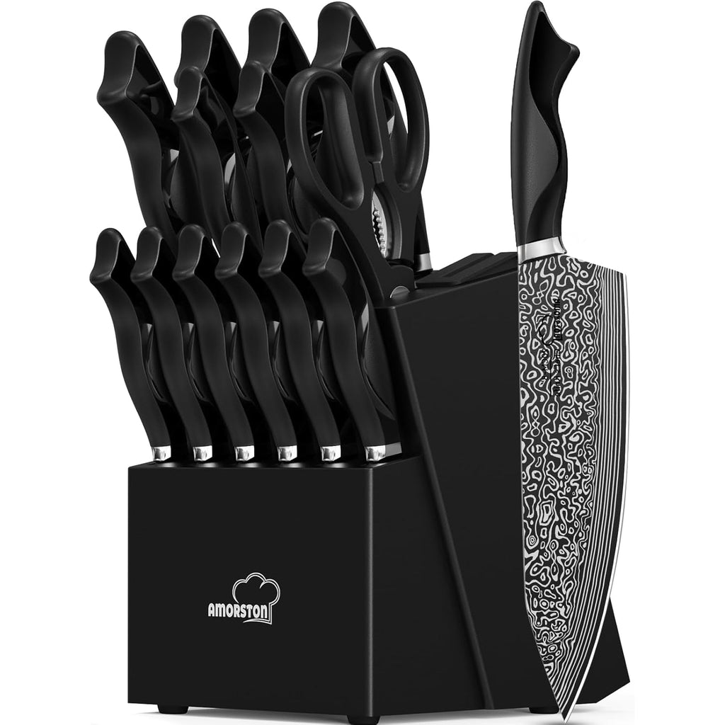 Knife Set, 15 Pieces Kitchen Knife Set with Built in Sharpener, High Carbon German Stainless Steel Knife Block Set, Dishwasher Safe, Mothers Day Gifts
