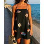 Women Boho Mini Cami Dress Graffiti Spaghetti Strap Aline Fruit Dress Cute Colofrul Short Beach Sundress