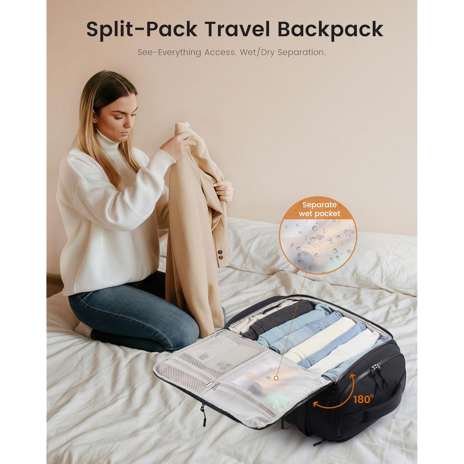 LOVEVOOK Travel Backpack for Women & Men, 25L Airline Approved Personal Item Carry On Backpack, Lightweight with 2 Packing Cubes, Waterproof Daypack for Work, Gym & Weekend Travel, Black