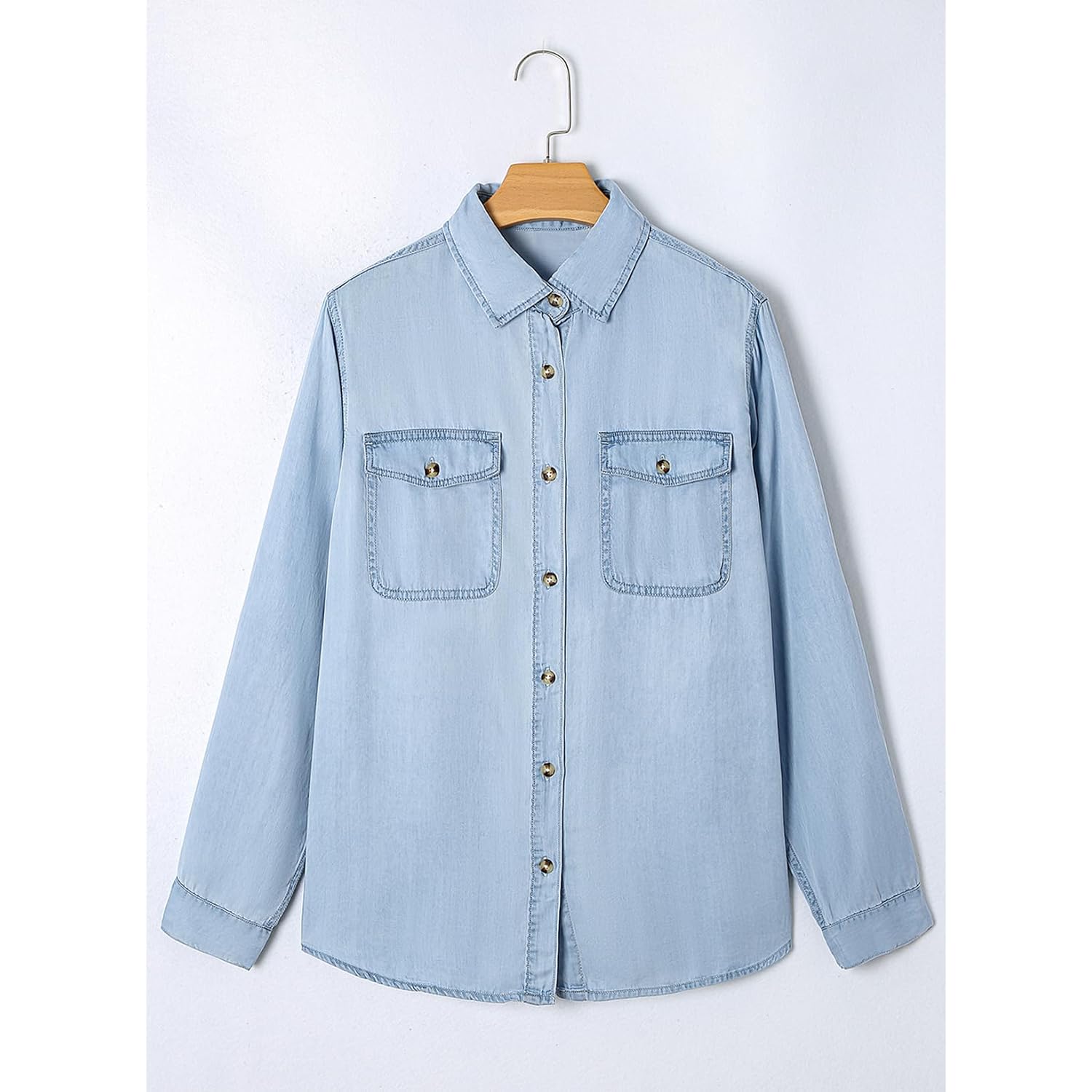 Astylish Women Button Down Denim Shirts Casual Long Sleeve V Neck Chambray Blouse Top