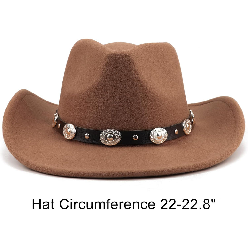 Western Cowboy Hats For Women Classic Felt Wide Brim Fedora Hat With Belt Buckle Retro Panama Hat Unisex Rolled Up Cap
