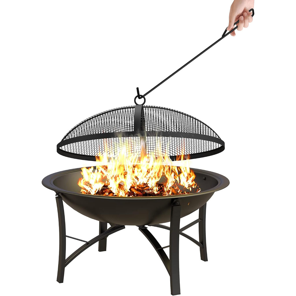 Fire Beauty Fire Pit For Outside Wood Burning,Bbq Grill Steel Fire Bowl With Spark Screen Cover,Log Grate,Poker For Camping Beach Bonfire Picnic Backyard Garden