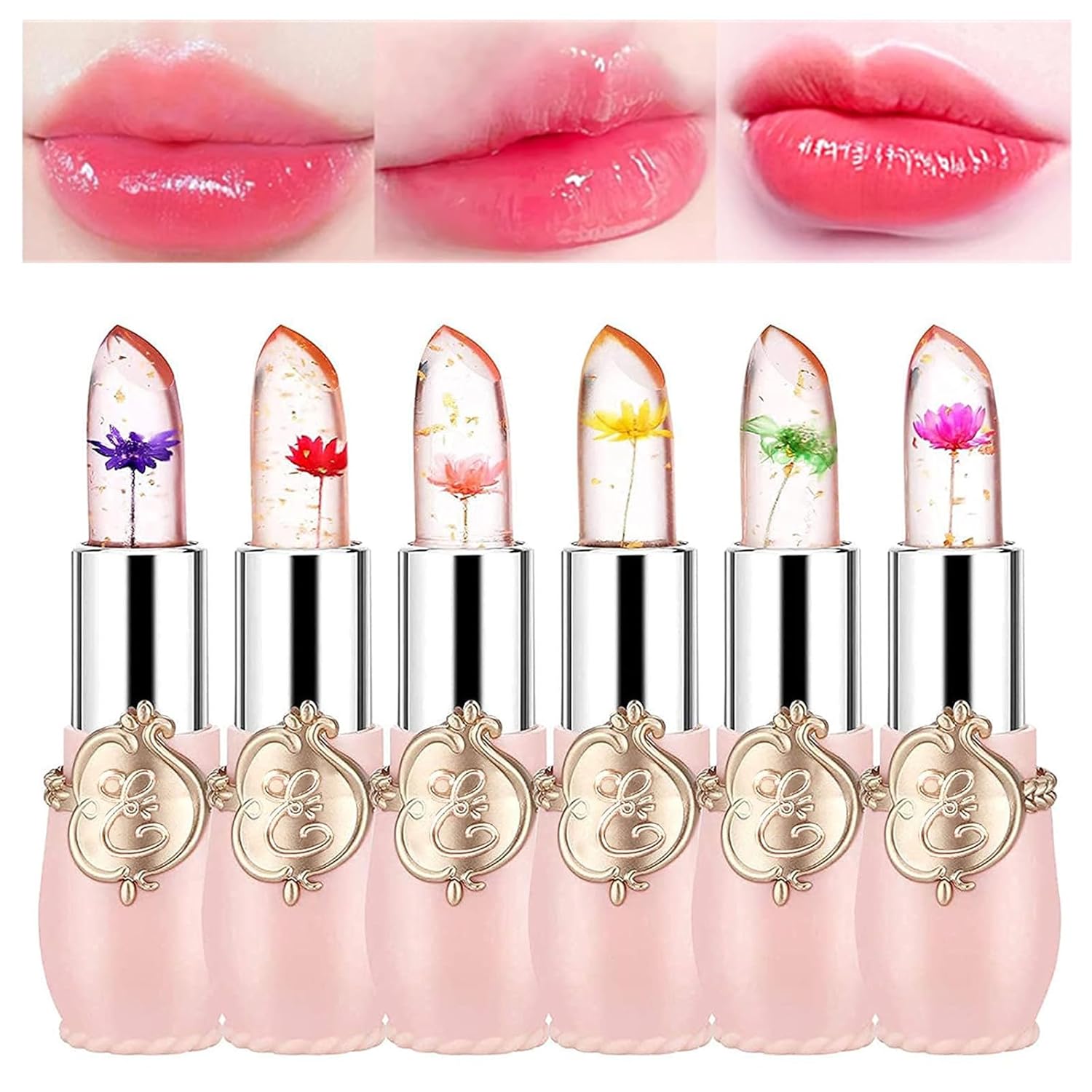6 Pcs Crystal Flower Jelly Lipstick Set, Temperature Change Moisturizer Long Lasting Flower Lip Stick Nutritious Lip Balm Magic Color Change Lip Gloss Makeup