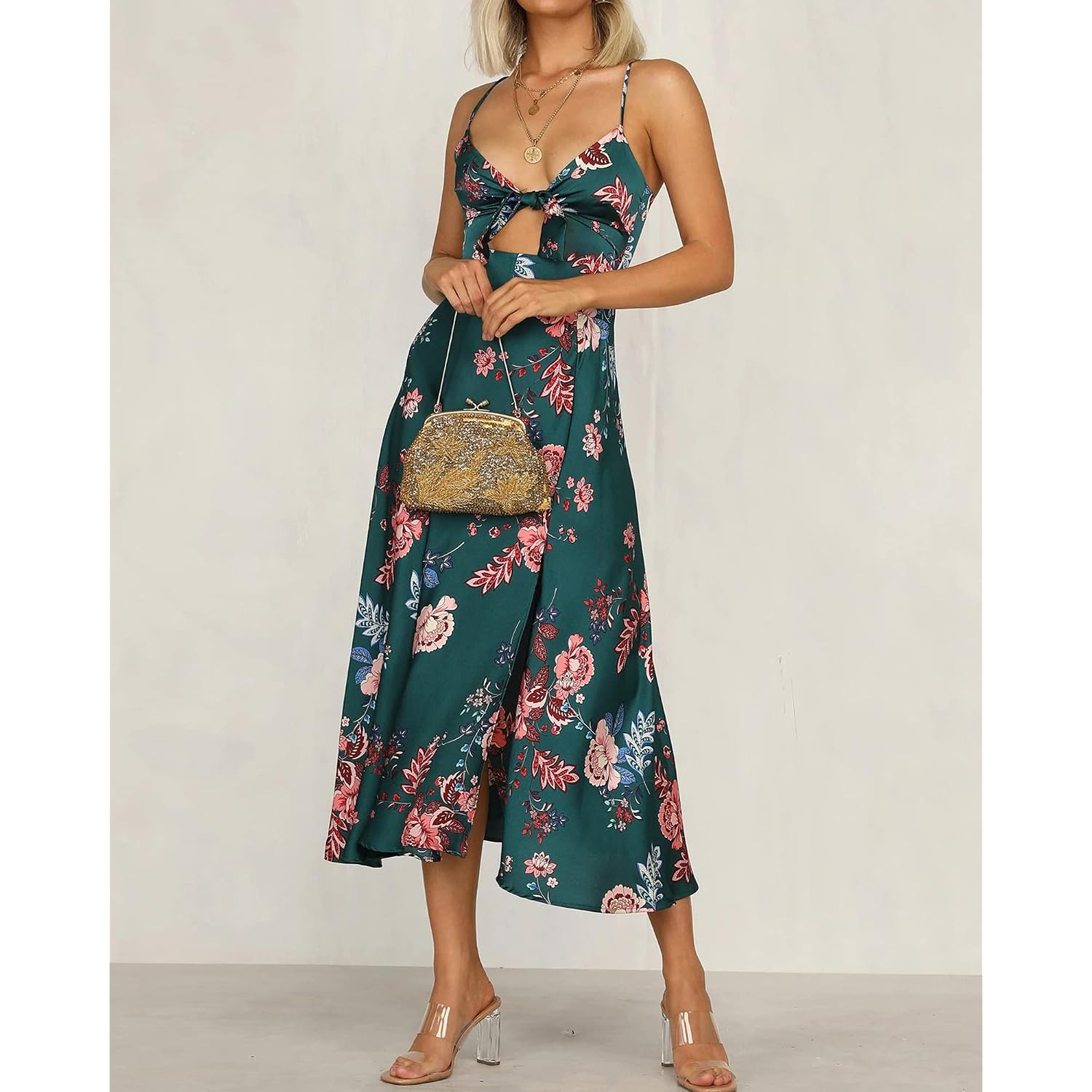 Fashionme Women Spaghetti Strap Midi Satin Dresses Tie Front Backless Slit Cutout Dress Semi-Formal/Casual Flowy Lightweight