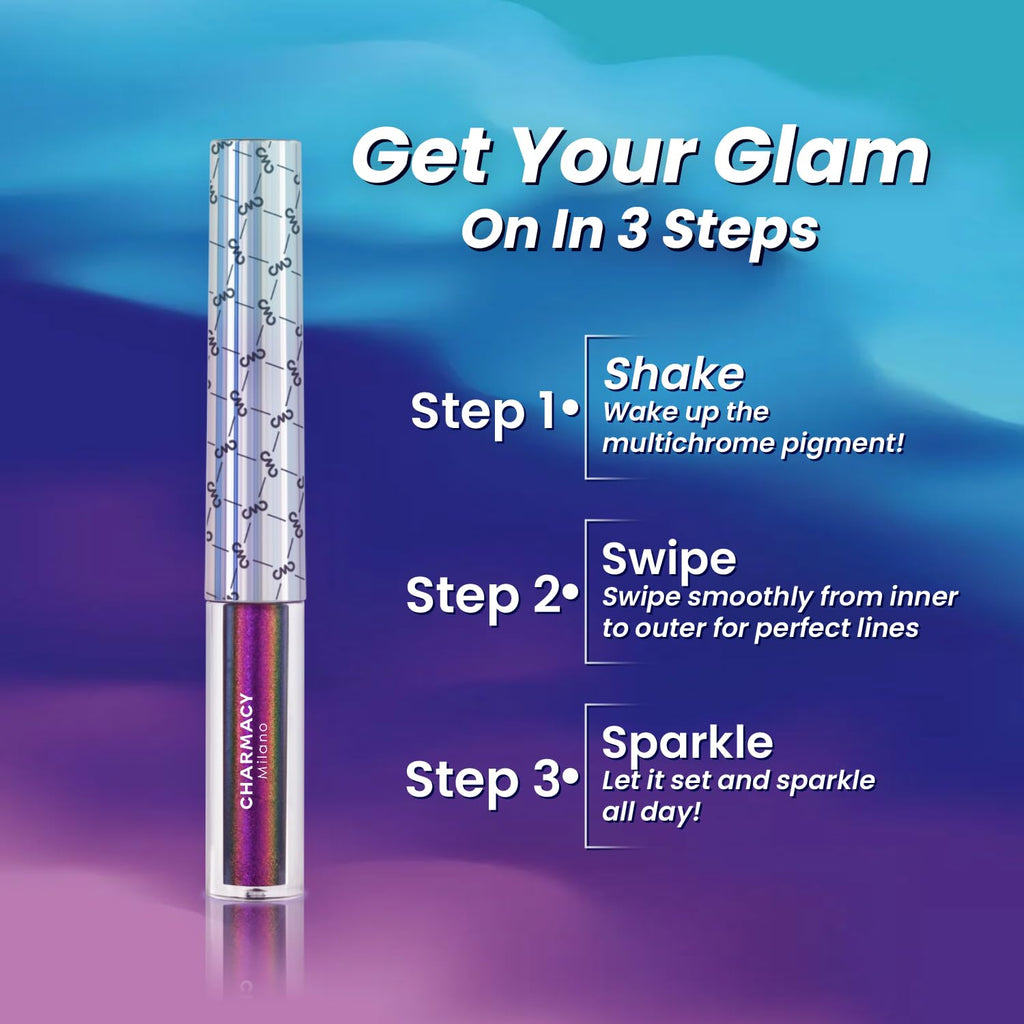 Charmacy Chameleon Glitter Liquid Eyeliner, Metallic Shade Color Shift Eye Liner, Highly Pigmented, 24H Long-Lasting, Waterproof And Anti-Smudge, Ultra-Fine Tip, Purple Gold Indigo 904