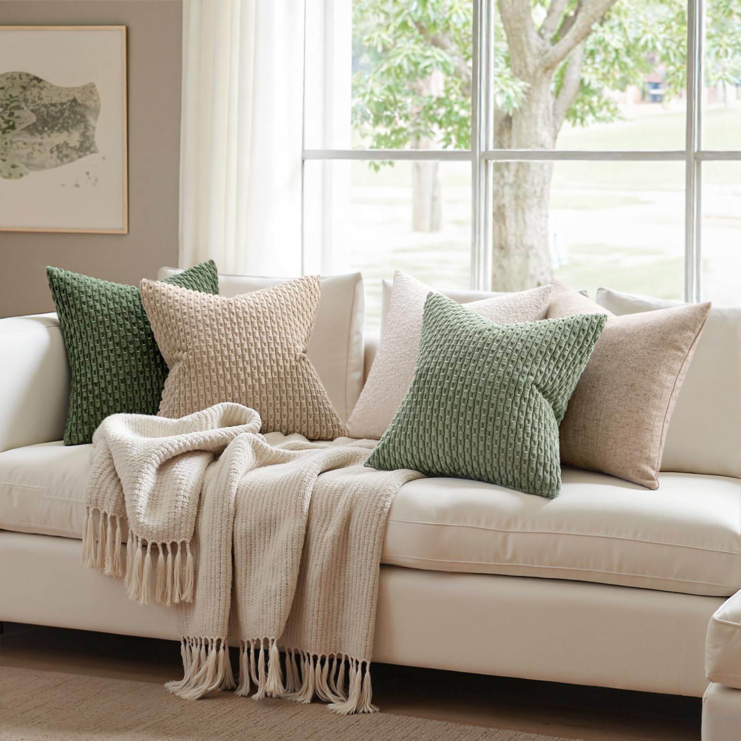 Miulee Pack Of 2 Decorative Throw Pillow Covers 18X18 Inch Soft Boho Striped Textured Corduroy Pillow Covers Spring Modern Farmhouse Home Decor For Couch Bed Sofa Living Room Sage Green