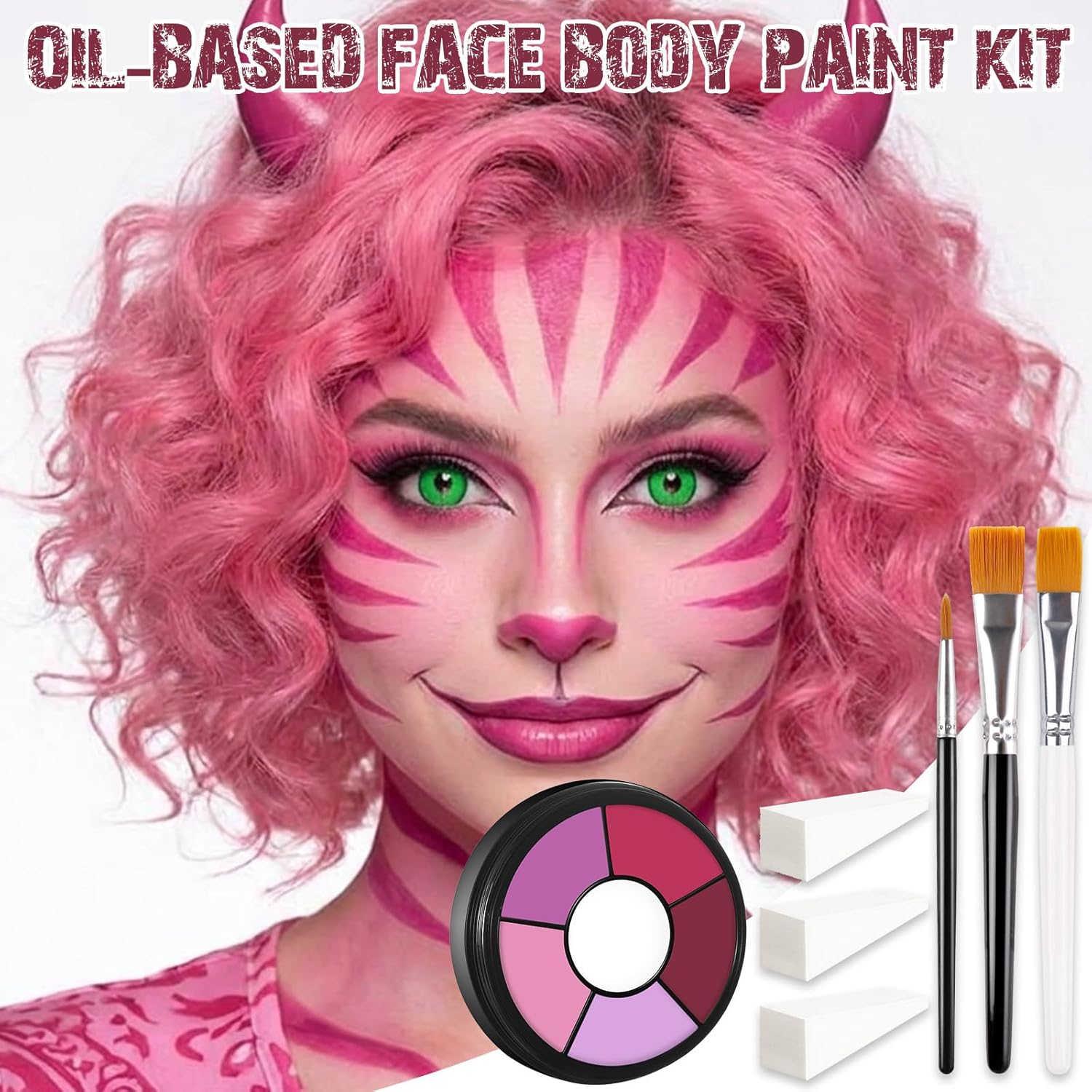 BOBISUKA Pink Cream Face & Body Paint Palette Kit with 3 Brushes 3 Sponges, Highly Pigmented Easy to Blend Long Lasting Halloween Makeup for Clown, Skull, Devil, Demon,Mermaid Costume & Theme