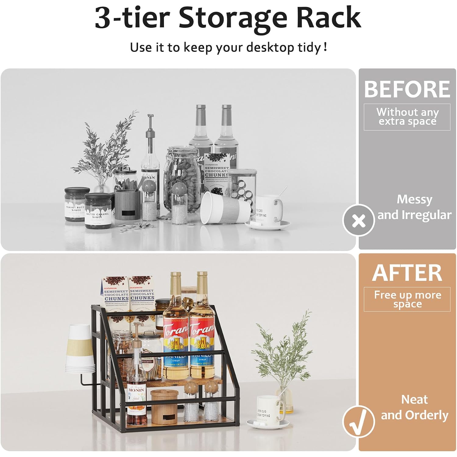 Coffee Syrup Rack Organizer, 3 Tier Countertop Storage Shelves, Kitchen Storage, 12 Syrup Bottle Stand Holder For Wine, Liquor, Kitchen Coffee Station Organizer Rack, 13.8"X13.4"X13.0", Rustic Brown