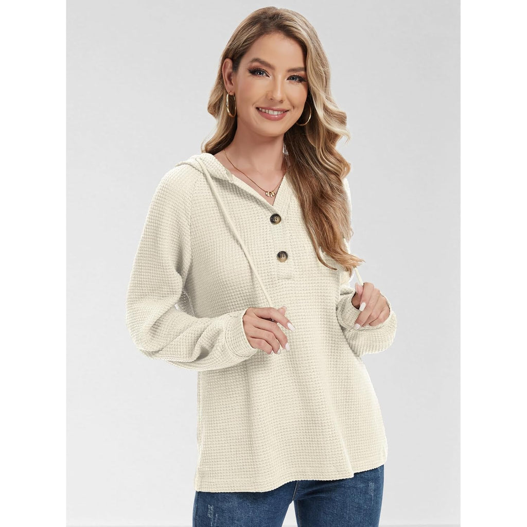 Hoodies Sweatshirt for Women Waffle Long Sleeve Oversized Sweaters Drawstring Button V Neck Casual Pullover Tops