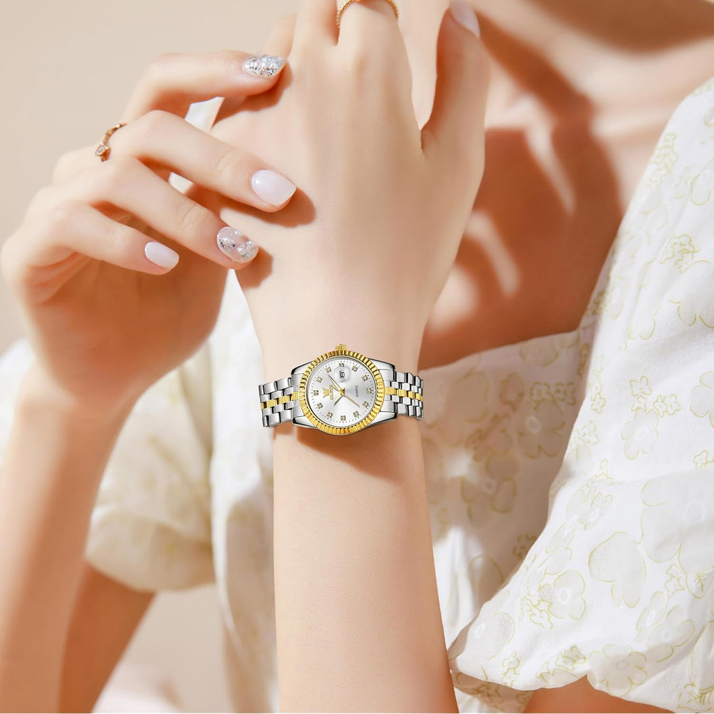 Olevs Women'S Stainless Steel Watch, Luxury Gold Silver Two Tone Easy To Read Analog Quartz Dress Watch For Women, Elegant Waterproof Luminous Calendar Date Ladies Watches For Small Wrists