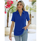 Zhenwei Women'S Short Sleeve V-Neck Polo Shirts Business Casual Work Collared Tops Dressy Johnny Collar Cute Blouses