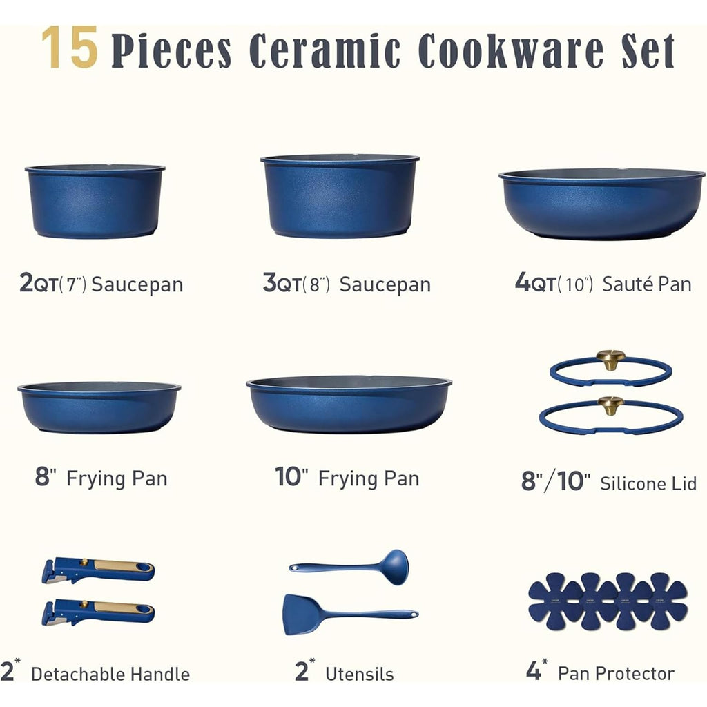 CAROTE Blue&Gold Ceramic Cookware Set Non Toxic, PFAS Free,15Pcs Pots and Pans Set Non Stick Detachable/Removable Handle,Kitchen Cooking Set Dishwasher Safe, Nonstick Pot and Pan, Induction Cookware