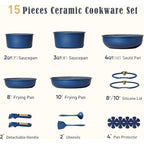 CAROTE Blue&Gold Ceramic Cookware Set Non Toxic, PFAS Free,15Pcs Pots and Pans Set Non Stick Detachable/Removable Handle,Kitchen Cooking Set Dishwasher Safe, Nonstick Pot and Pan, Induction Cookware