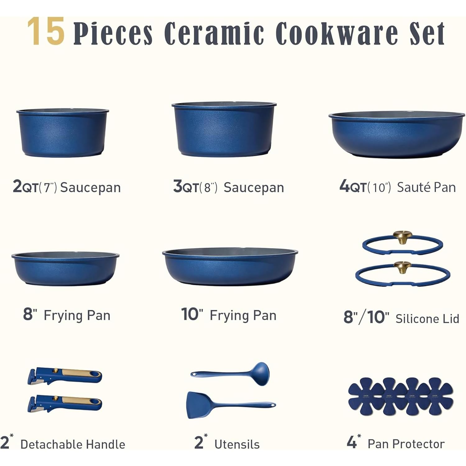 CAROTE Blue&Gold Ceramic Cookware Set Non Toxic, PFAS Free,15Pcs Pots and Pans Set Non Stick Detachable/Removable Handle,Kitchen Cooking Set Dishwasher Safe, Nonstick Pot and Pan, Induction Cookware