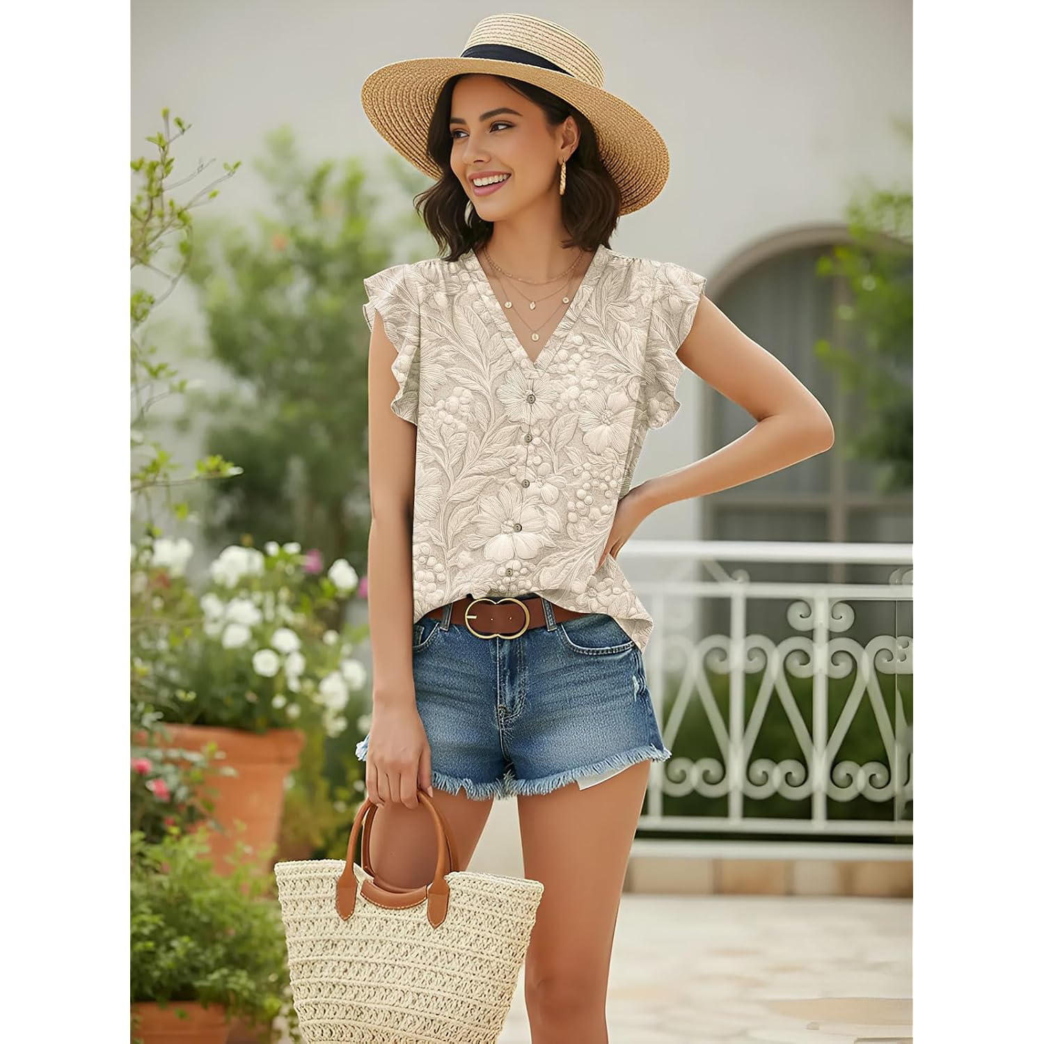 Womens Tops Dressy Casual Summer Floral V Neck T-Shirts Ruffle Short Sleeve Tunic Blouses