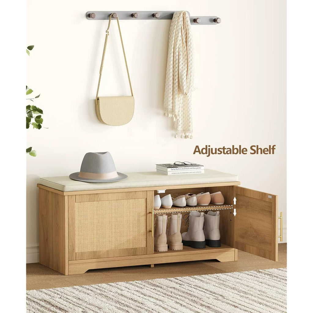 Rattan Shoe Storage Bench, 39.4" Wide Entryway Bench, Natural Oak | Hidden Shoe Organizer Cabinet With Cushion, Shoe Rack Bench With Adjustable Shelves, For Hallway Living Room, Natural Oak