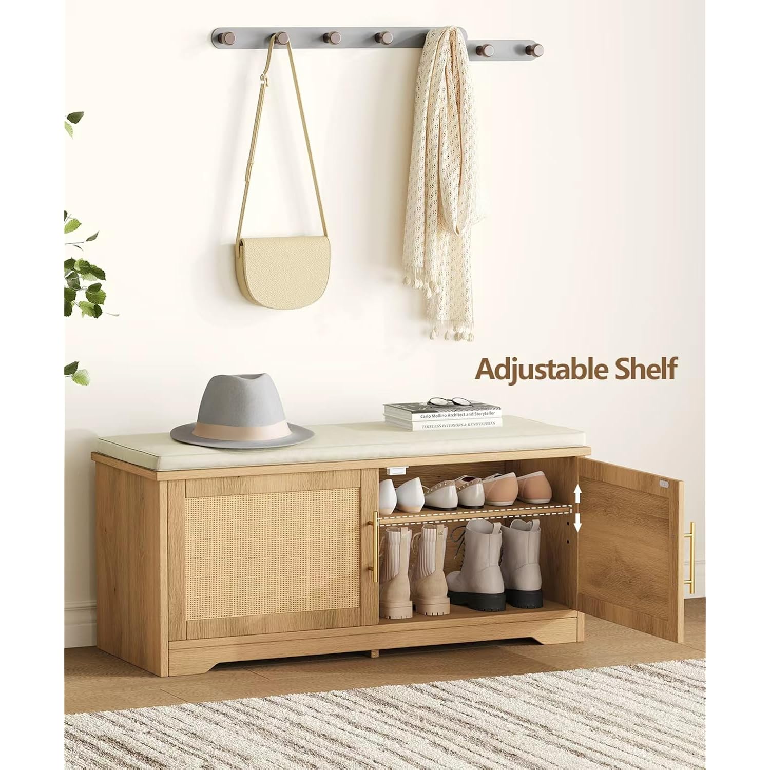 Rattan Shoe Storage Bench, 39.4" Wide Entryway Bench, Natural Oak | Hidden Shoe Organizer Cabinet With Cushion, Shoe Rack Bench With Adjustable Shelves, For Hallway Living Room, Natural Oak