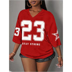 MakeMeChic Women's Football Jersey Shirts Soccer Jersey Number Oversized Y2K Tee Tops Red and White