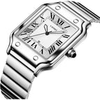 Unisex Classic Square Roman Numerals Silver Analog Waterproof Watches For Women Men Stainless Steel Strap Date Display Casual Wristwatch