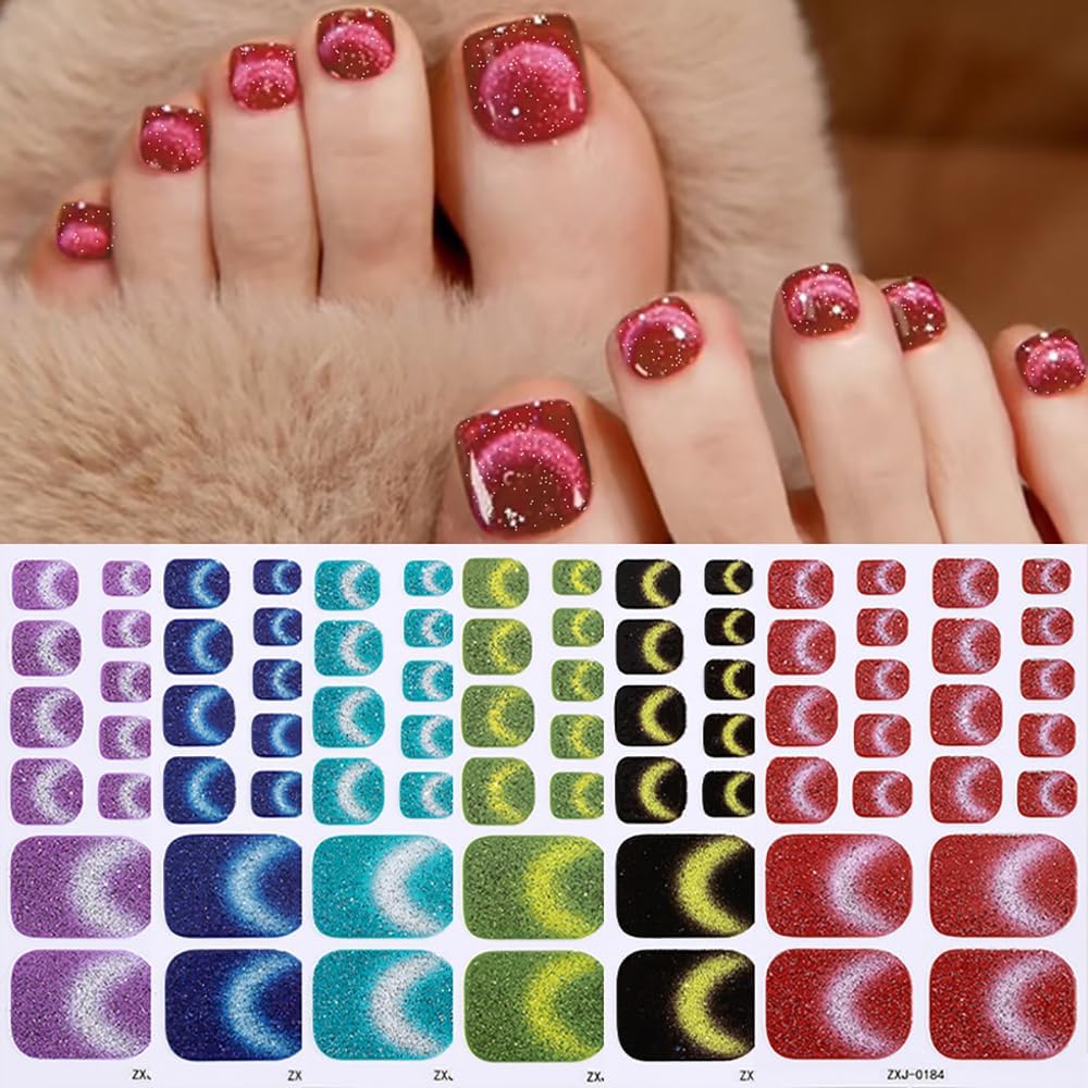 6Sheet/132Pcs Glitter Cat Eye Toe Nail Stickers Full Cover Gel Nail Wraps Strips Toenail Stickers Colorful Stick On Nail Polish Sticker for Toes Sticker Nails Self Adhesive 22Tip Toenail Nails Decals