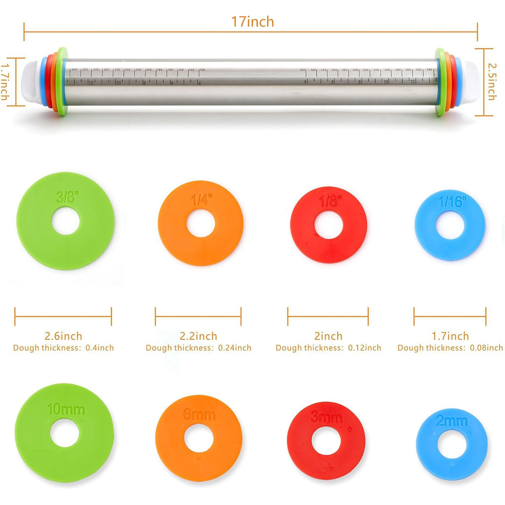Rolling Pin With Thickness Rings, Fulimax 17" Adjustable Stainless Steel Rolling Pins For Baking, Dough Roller For Fondant Pizza, Pie, Pasta, Cookies, Cakes, Kitchen Baking Supplies