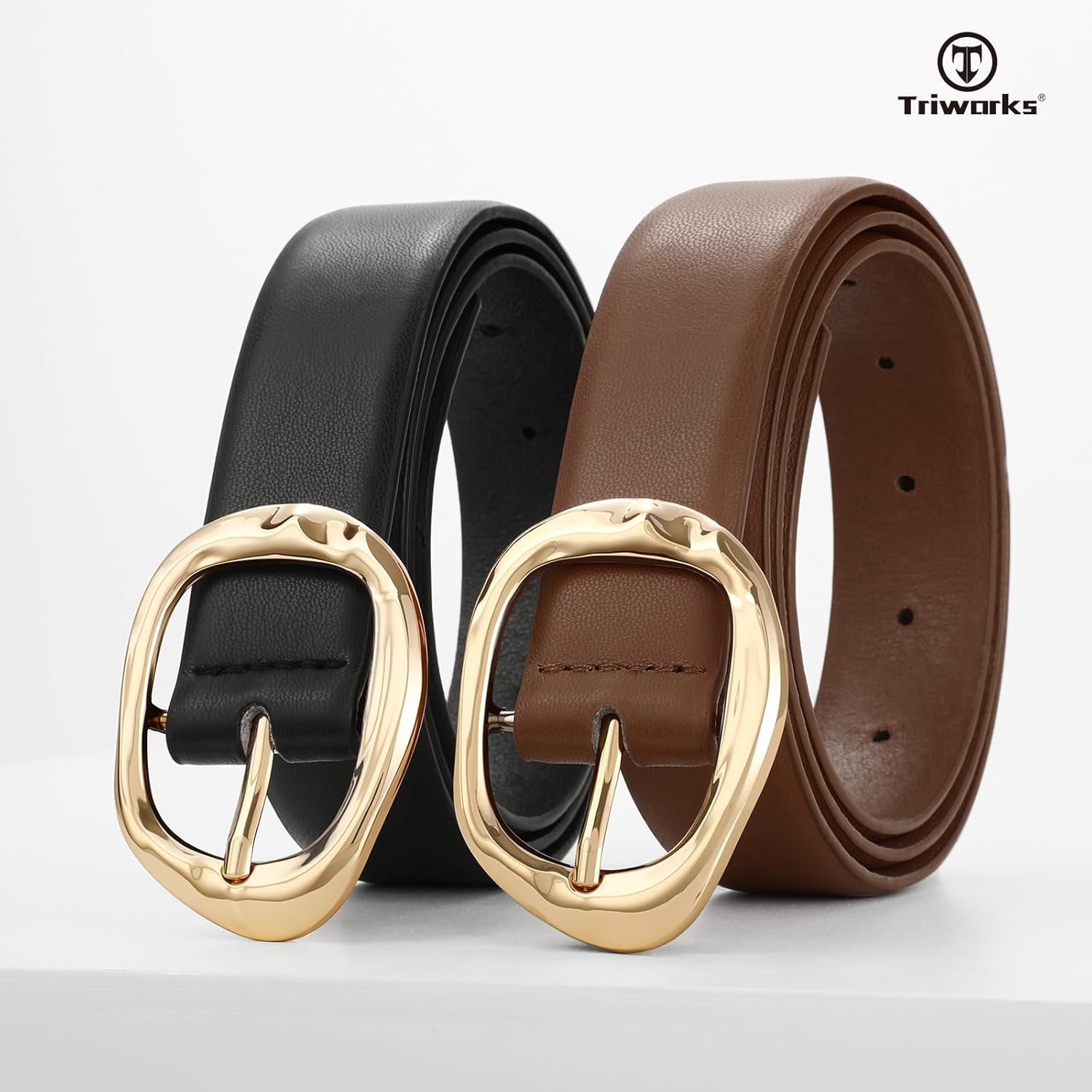 TRIWORKS 2 Pack Leather Belts for Women Fashion Waist Belt with Liquid Shapes Women Belt for Jeans Pants Dresses