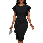Womens Short Ruffle Sleeve Church Dress 50S Vintage Crew Neck Bodycon Work Pencil Midi Dress