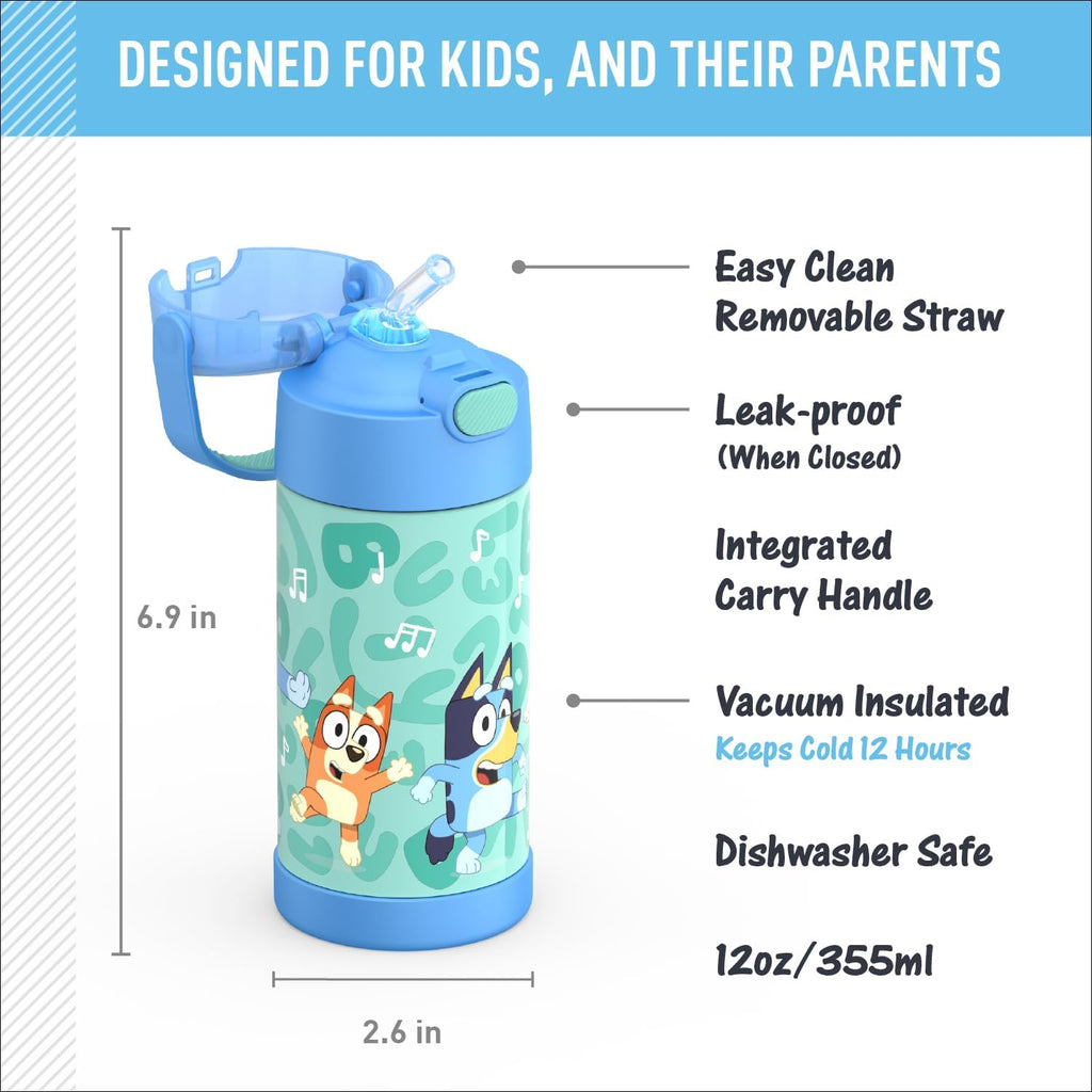Thermos Funtainer Water Bottle With Straw - 12 Ounce - Kids Stainless Steel Vacuum Insulated Water Bottle With Lid, Bluey