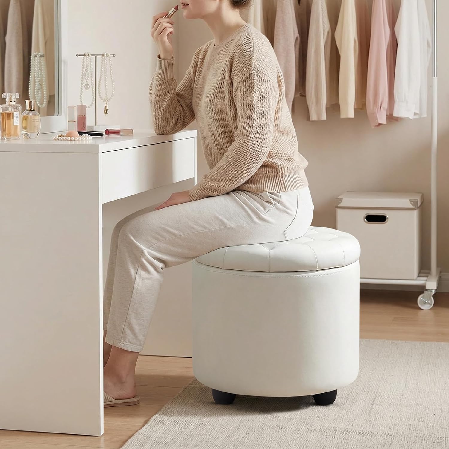 Upholstered Button Tufted Round Ottoman, Pu Storage Ottoman Round, Removable Lid Convenient Footstools, Classic Ottoman With Storage For Nursery Room, Ivorywhite