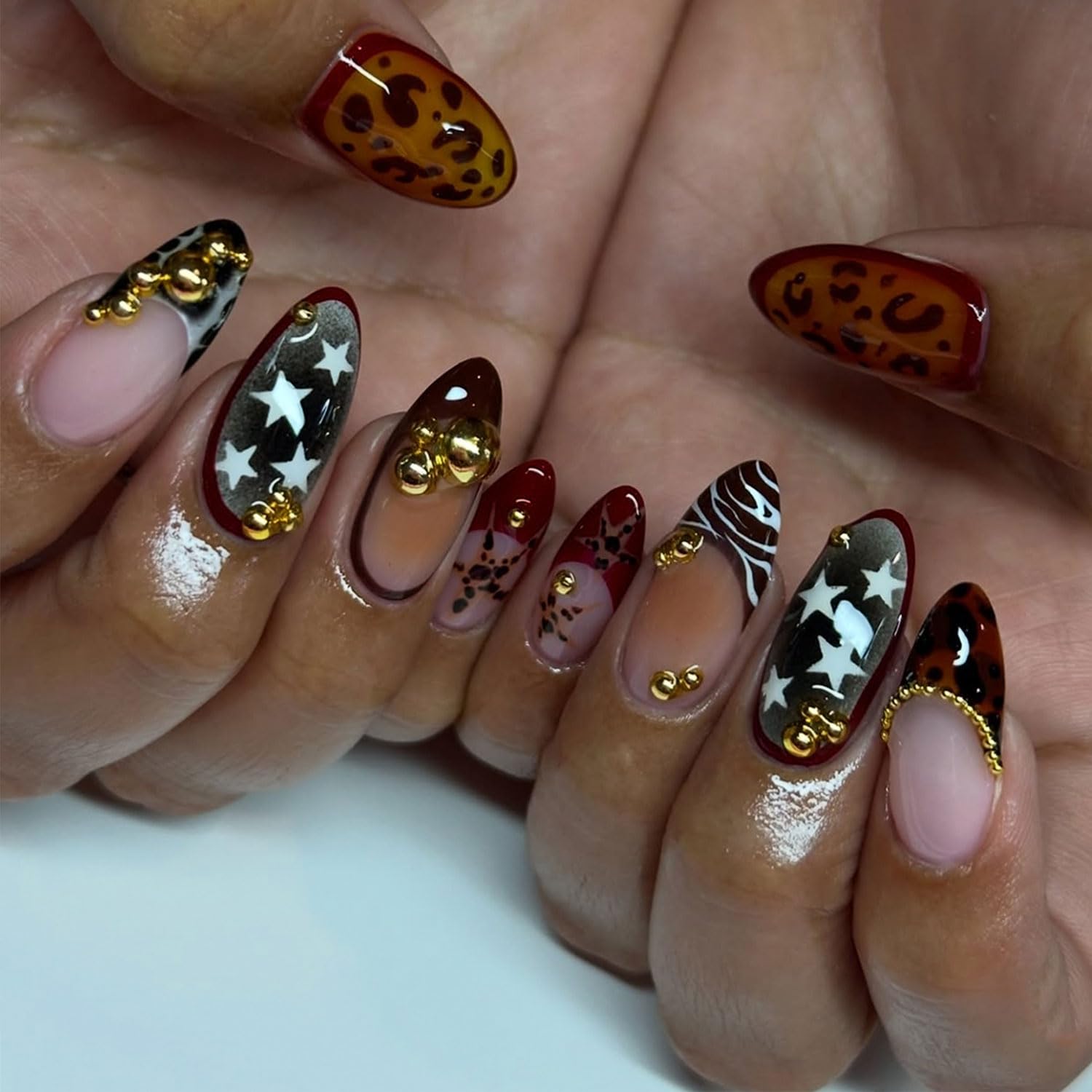 Press on Nails Medium French Tip Fake Nails Almond with Brown Maculation Leopard Floral 3D Gold Bead Design Artificial False Nails for Women Girls Autumn and Winter DIY Nails Decoration 24 Pcs