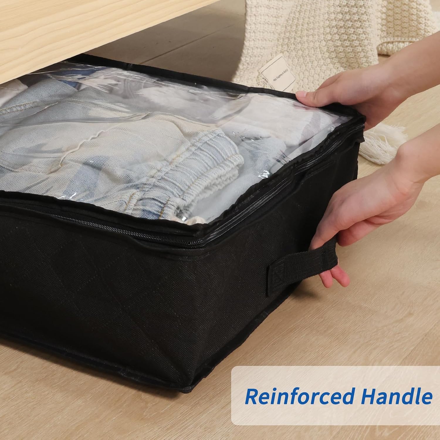 Fixwal Black Underbed Storage Bags With Clear Window And 2 Reinforced Handles Under Bed Storage Containers For Clothing, Bedding, Comforter (2 Pack)