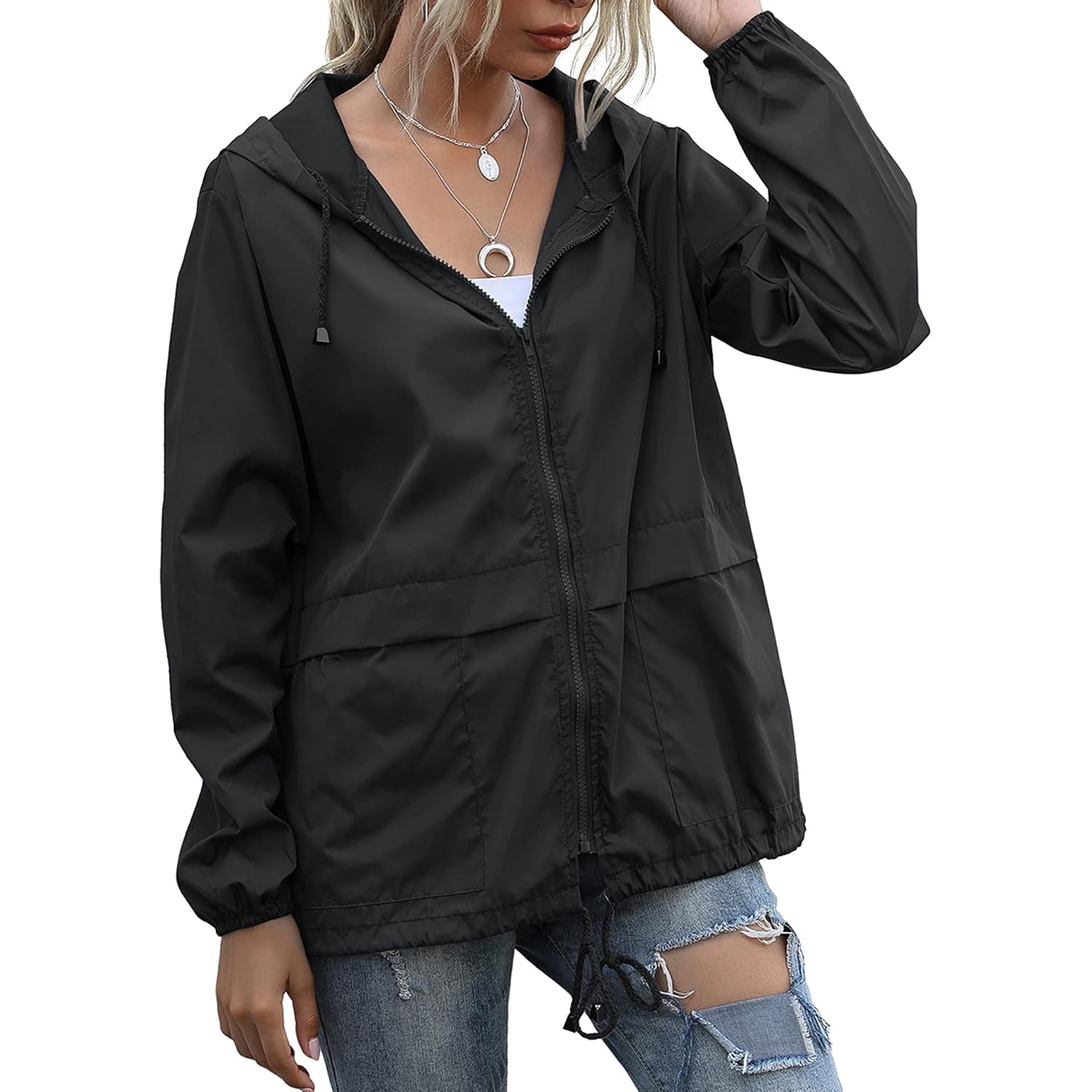 Women'S Raincoats Lightweight Waterproof Windproof Adjustable Windbreaker Rain Jackets Hooded With Pockets S-Xxl