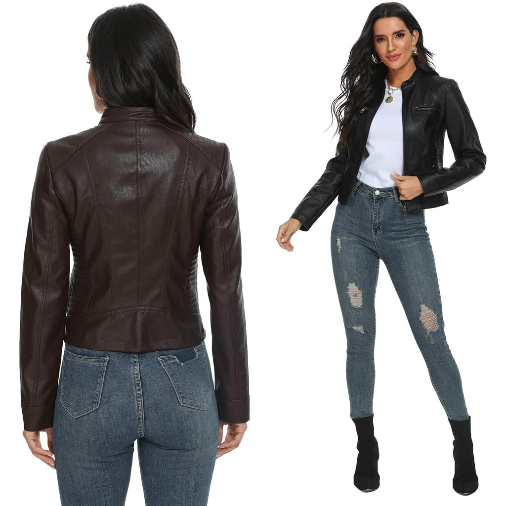 Black Faux Leather Jackets For Women Motorcycle Pu Moto Biker Outwear Coat