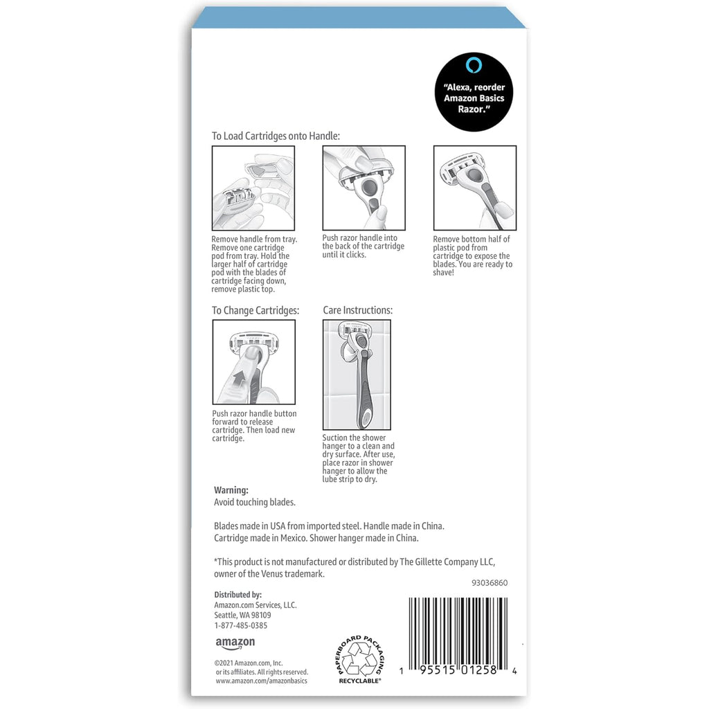 Amazon Basics 5-Blade Razor Handle for Women, Includes 12 Cartridges and Shower Hanger, 14 Piece Set, Blue