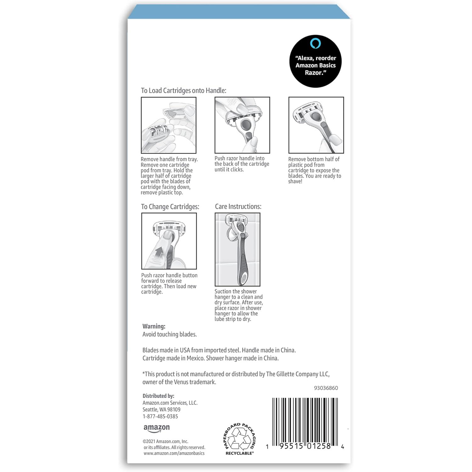 Amazon Basics 5-Blade Razor Handle for Women, Includes 12 Cartridges and Shower Hanger, 14 Piece Set, Blue