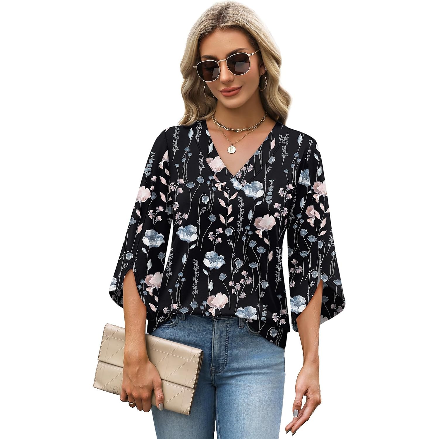 Wiholl Womens Tops Summer Outfits 2026 V Neck Shirts Womens Blouses Dressy Casual Bell Sleeve Fashion Clothing