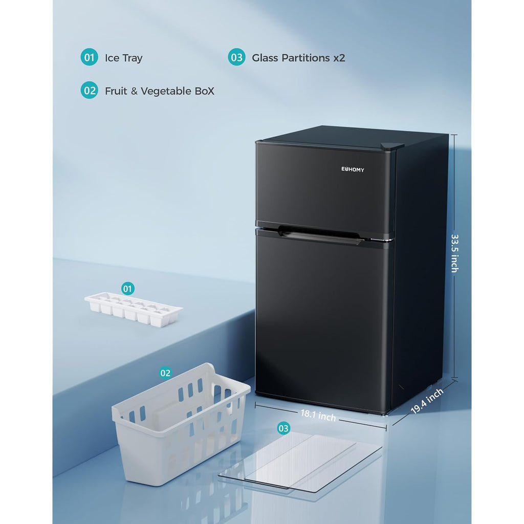 Euhomy Mini Fridge With Freezer, 3.2 Cu.Ft Mini Refrigerator, Dorm Fridge With 2 Door For Bedroom/Apartment/Office-Food Storage Cooling Drink, Black