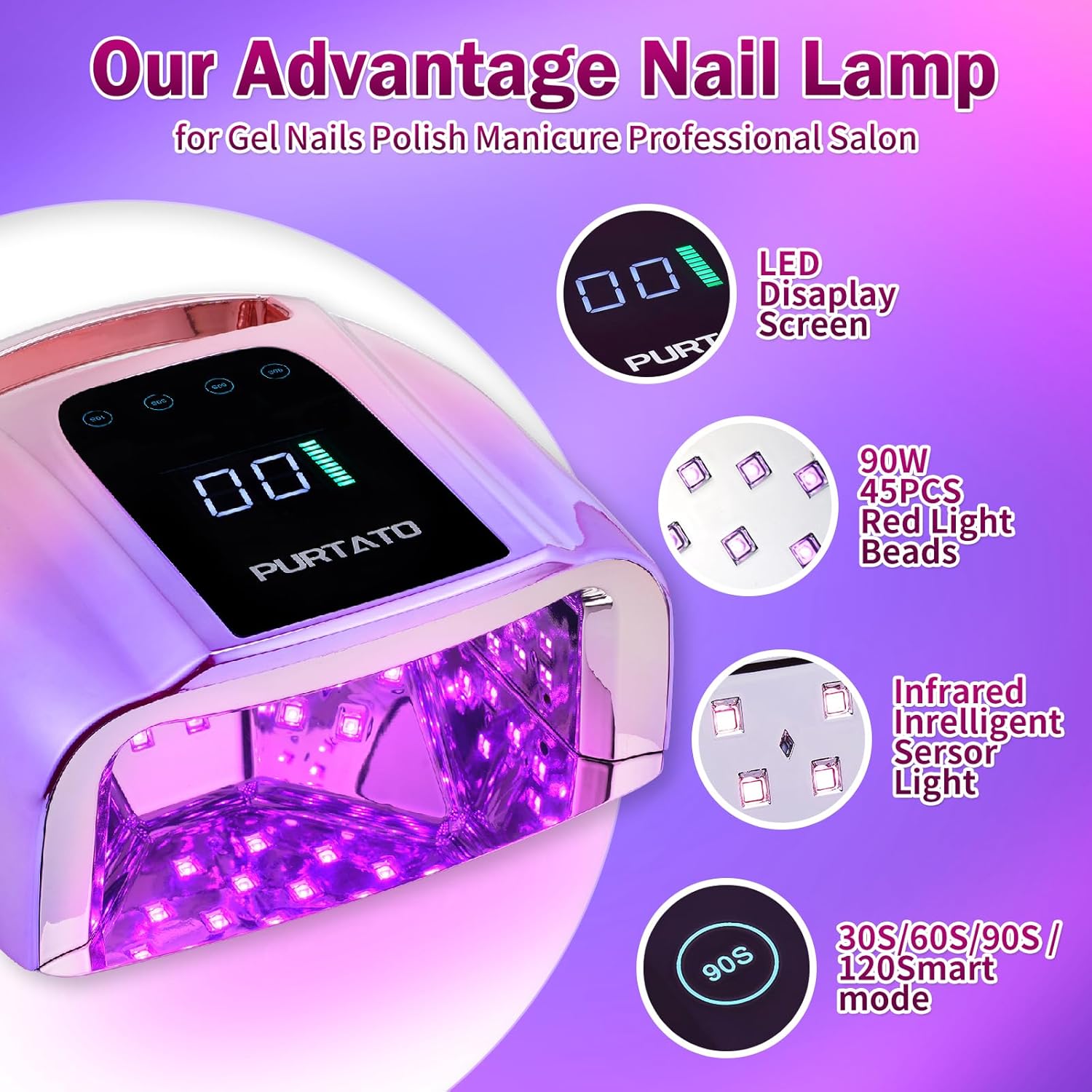 Purtato Professional Rechargeable 96W UV LED Portable Cordless UV Light for Nail Lamp Machine with Removable Stainless Steel Bottom,4 Timer Setting and Smart Sensor Nail Dryer (Gradient Purple)